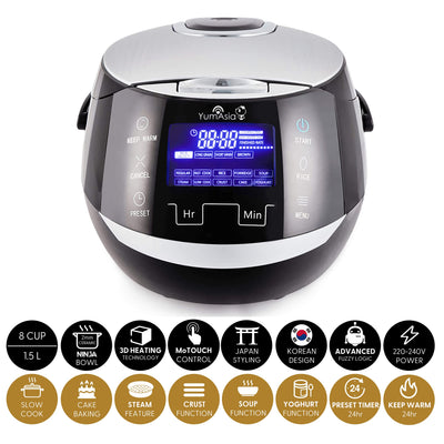 Yum Asia Sakura Reiskocher mit Keramikschale und Advanced Fuzzy Logic (8 Tassen, 1,5 Liter), 6 Reiskochfunktionen, 6 Multikocherfunktionen, Motouch LED-Display, 220-240V EU (schwarz und silber)
