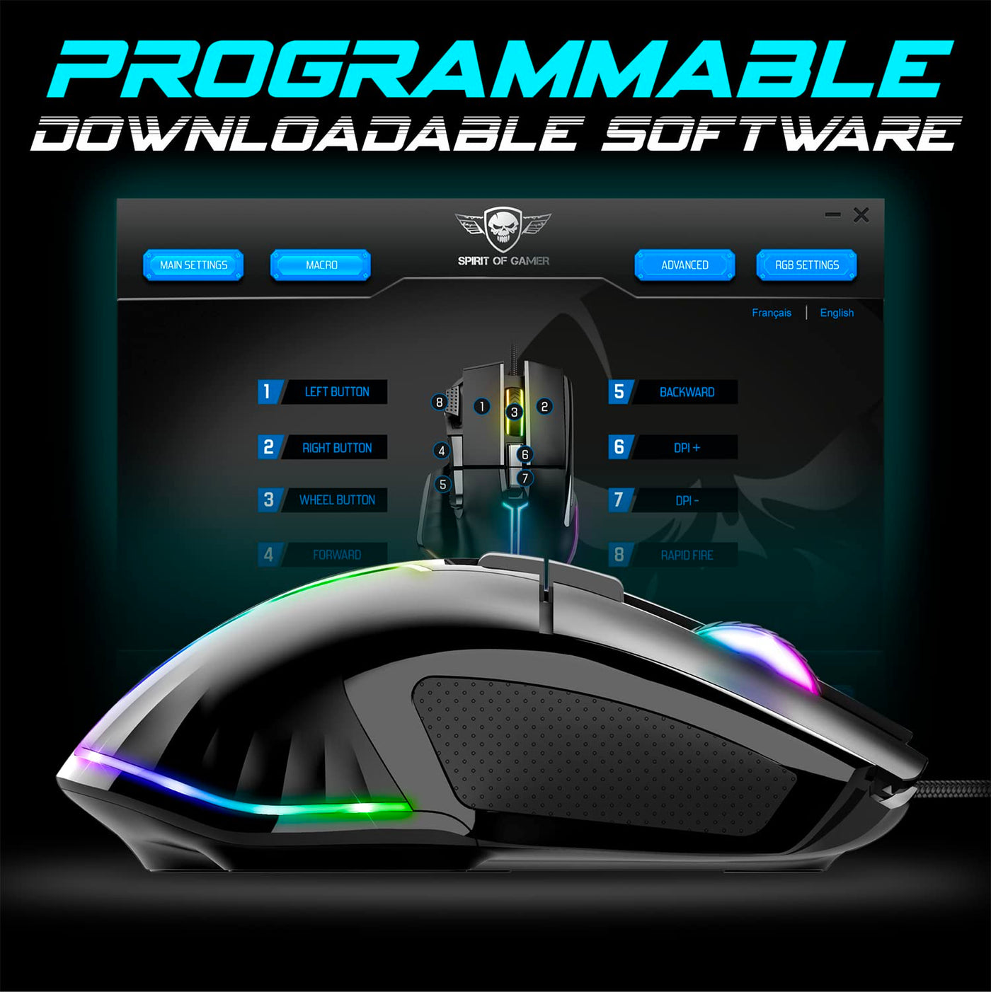 SPIRIT OF GAMER | Gaming Maus PC mit 12800 DPI | RGB Maus mit 8 Programmierbaren Tasten darunter 1 Rapid Fire | 13 Hintergrundbeleuchtungseffekte | Ergonomische Gaming Mouse mit Daumenauflage