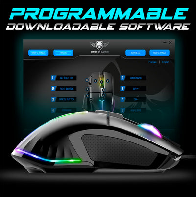 SPIRIT OF GAMER | Gaming Maus PC mit 12800 DPI | RGB Maus mit 8 Programmierbaren Tasten darunter 1 Rapid Fire | 13 Hintergrundbeleuchtungseffekte | Ergonomische Gaming Mouse mit Daumenauflage