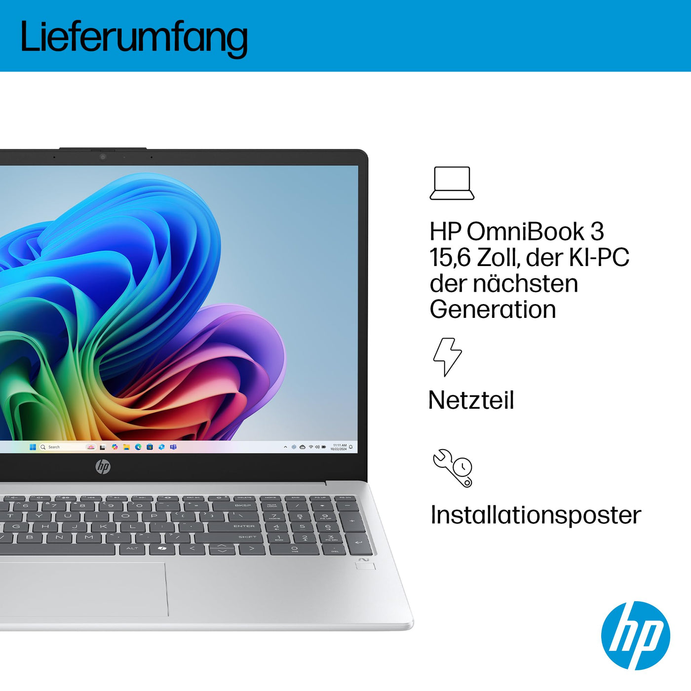 HP OmniBook 3 Next Gen AI PC 15-fn0523ng | Copilot+ PC | 15.6 Zoll FHD Display (1920 x 1080) | AMD Ryzen AI 5 330 (50 NPU-Tops) | 16GB RAM | 512GB SSD | QWERTZ Tastatur | Windows 11 Home | Silber