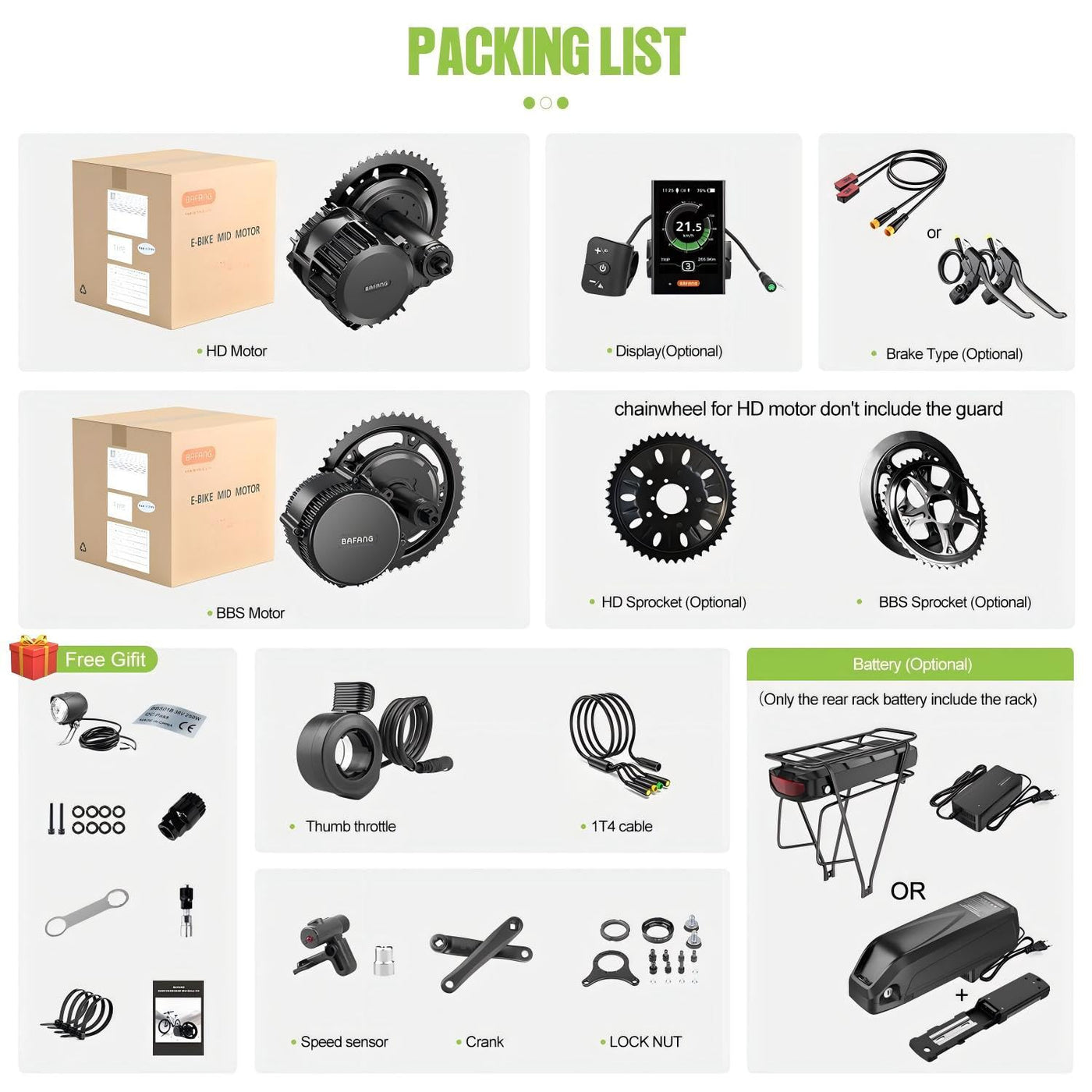 BAFANG 250W 350W 500W 750W 1000W Middle Motor Kit mit optionalem Akku, BBS01 BBS02B HD Mittelmotor DIY 8Fun E-Bike-Umbausatz mit LCD-Display & EBike-Akku für BB 68-120MM E-Bike.