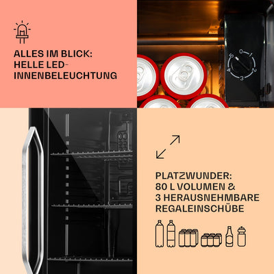 Klarstein Getränkekühlschrank, Kühlschrank Klein mit 3 Ablagen, Minikühlschrank Lautlos für Büro Camping Outdoor, mit Glastür, Mini Fridge 3-10°C, Bierkühlschrank 80 Liter, Schwarz