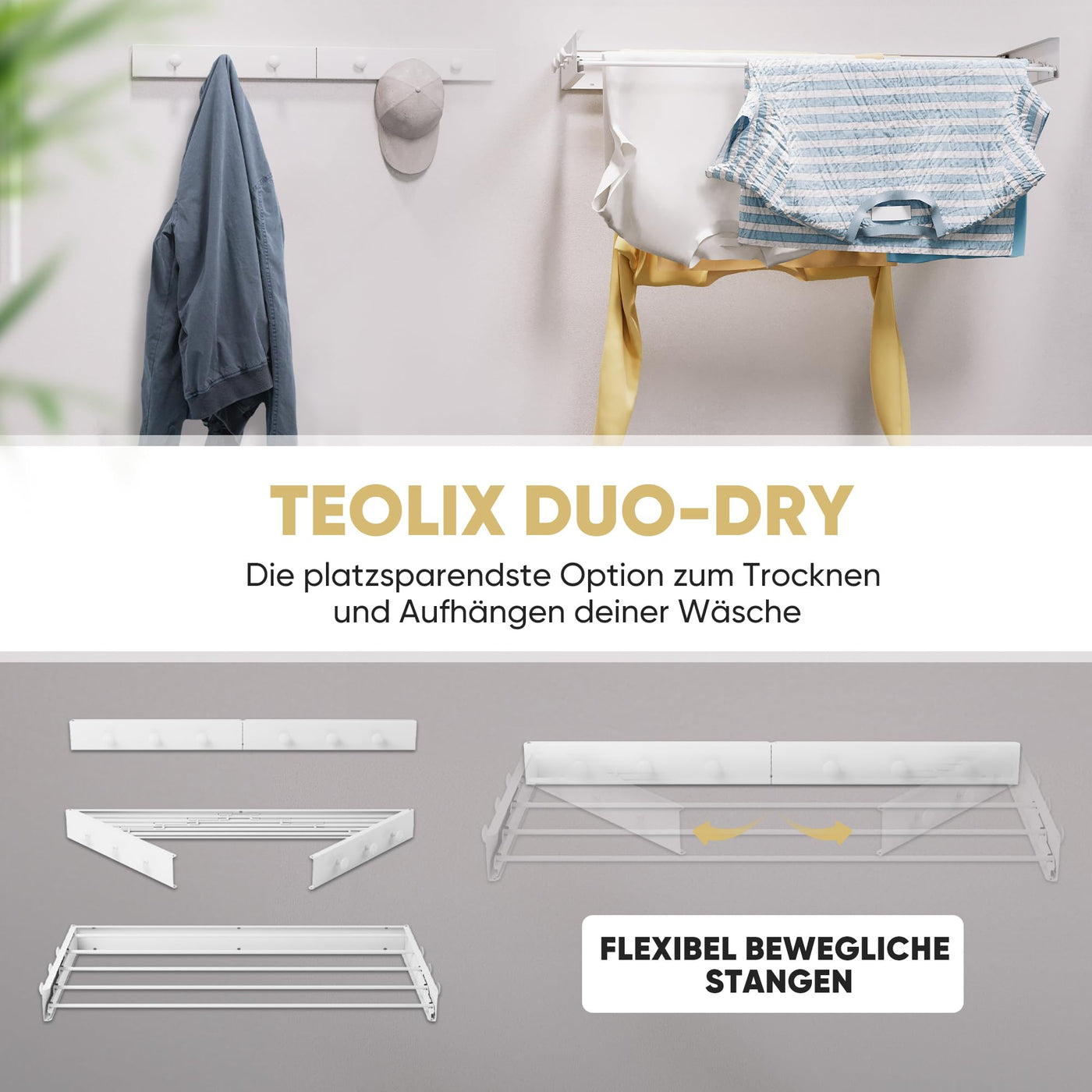 teolix Wäscheständer Wandmontage [2in1 mit extra Kleiderhaken] Ausziehbar und Platzsparend | Wäschetrockner Klein für Wand | Clothes Drying Rack Zeitlos Praktisch - (Weiß, 80cm)