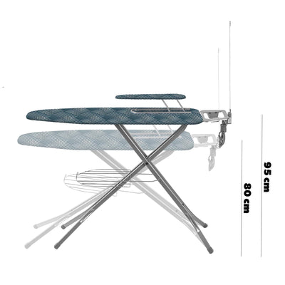KADAX Bügelbrett mit eingebautem Verlängerungskabel, Klappbarer Bügeltisch mit Kabelhalterung, Dampfbügeltisch mit ausziehbarer Ablage für Kleidung (Grün)