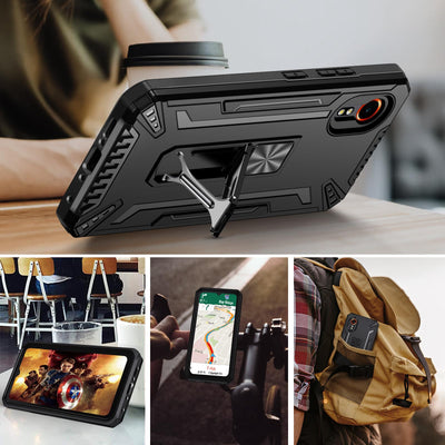 ivoler Hülle für Samsung Galaxy Xcover 7 mit Ständer und 2 Stück Panzer Schutz Glas, [Kameraschutz] [Militärischer] Stoßfest Handyhülle Kratzfest Schutzhülle Anti-Fingerabdruck Case Cover, Schwarz