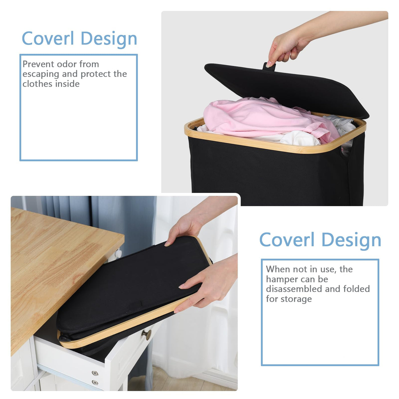 Wäschekorb -100L Waschbarer und hygienischer Groß Wäschesammler schmal mit herausnehmbarem Wäschesack-Wäschekorb mit Deckel & Bambusrand - Wäscheboxen - waschkorb (Schwarz)