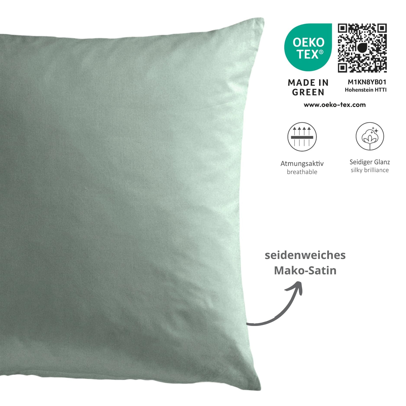 liebling Satin Bettwäsche grün, 1 x Bettbezug 135 x 200 cm + 1 x Kissenbezug 80 x 80 aus 100% seidig weicher Baumwolle, 60 Grad, Ökotex Made in Green