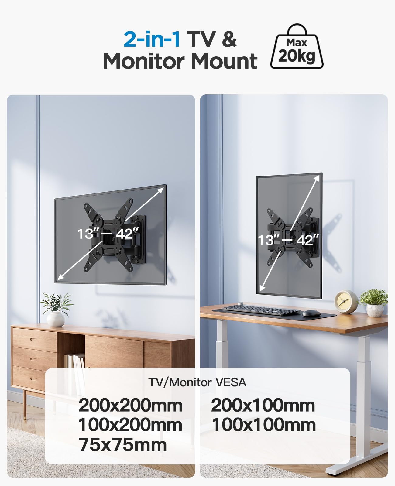 PERLESMITH TV Wandhalterung, Schwenkbare Neigbare Wandhalterung Fernseher für 13-42 Zoll Flach & Curved Fernseher oder Monitor bis zu 20kg, max.VESA 200x200mm