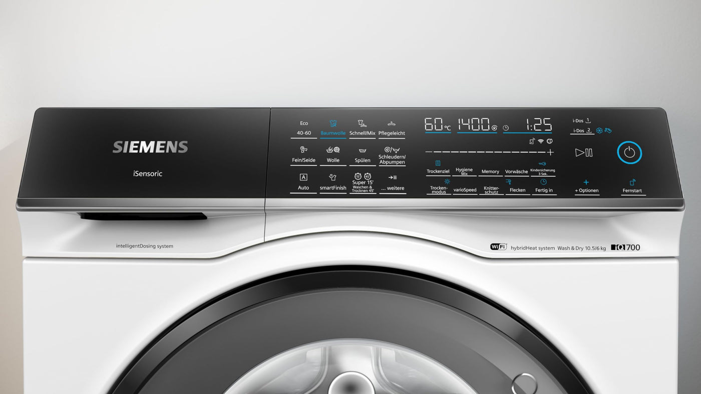 Siemens WN54C2A40, iQ700 Smarter Waschtrockner 10,5-6 kg, i-Dos - automatische Dosierung, smartFinish - reduziert Falten mit Dampf, aquaStop, autoDry-Technologie, varioSpeed Beschleunigung