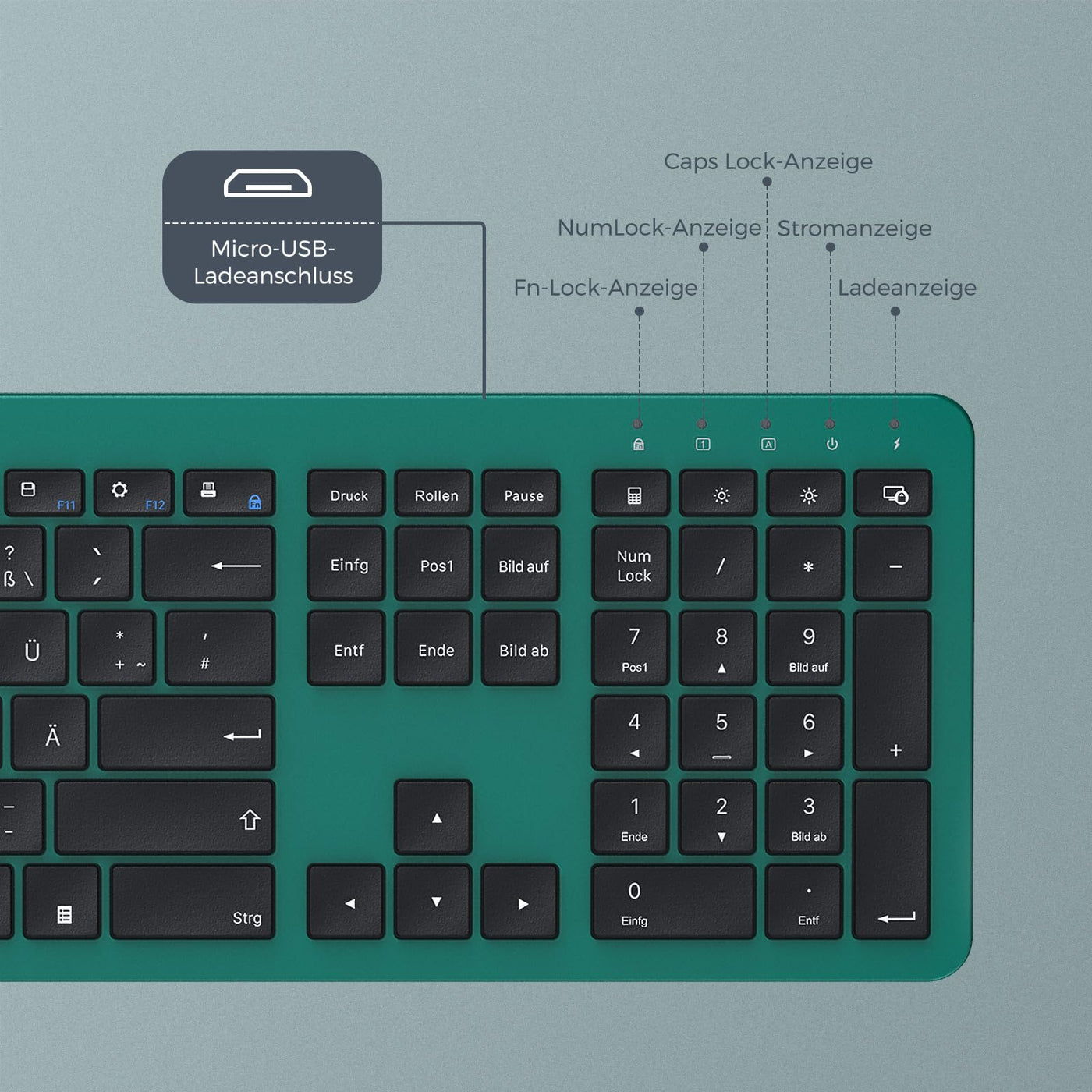 Tastatur Maus Set Kabellos, seenda Ultra-Dünne Wiederaufladbare Funk Tastatur Maus Set, Ergonomische Tastatur Kabellos mit Silikon Staubschutz für PC/Laptop/Smart TV, DE QWERTZ Layout, Schwarz&Grün