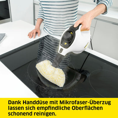 Kärcher Dampfreiniger SC 1, Dampfdruck: 3 bar, Aufheizzeit: 3 min., Leistung: 1.200 W, Flächenleistung: 20 m², Tank: 200 ml, mit Hand-, Punktstrahl- und Powerdüse, Mikrofaser-Überzug und Rundbürste
