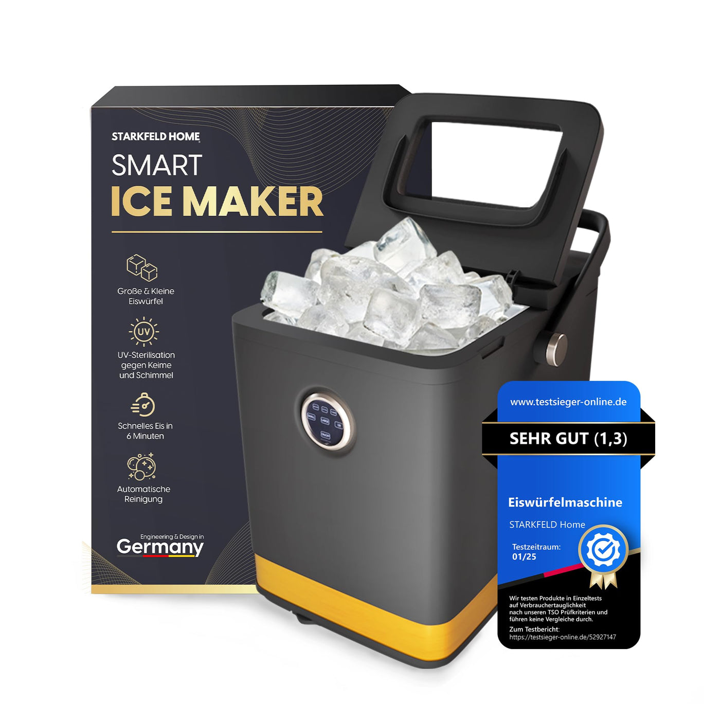 STARKFELD ICE MAKER - Luxus Eiswürfelmaschine | 20 KG Eis in 24 Stunden | Selbstreinigend & Keimfrei | 1,5L Wassertank | Eis in 6 Minuten | 2 Größen Eis | Kompakt & Leise | Cocktail Maschine (Schwarz)