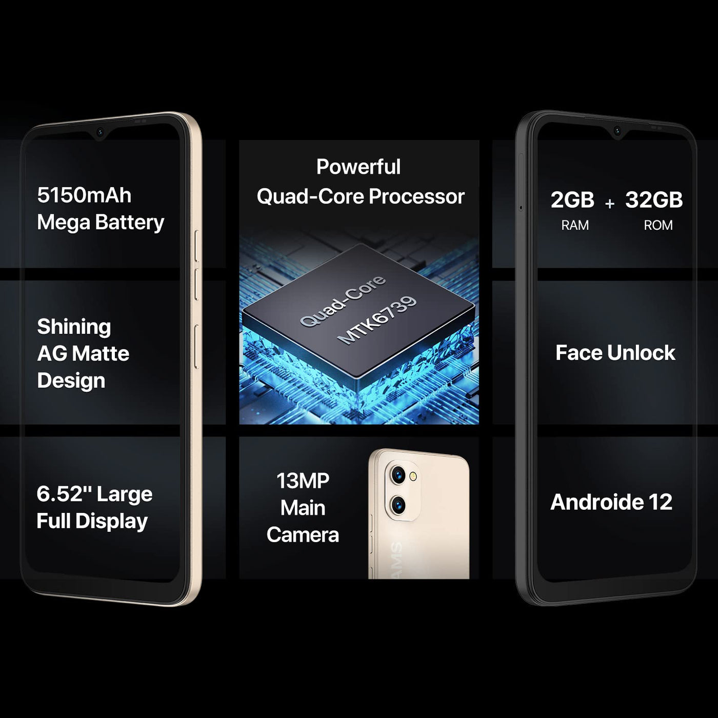 UMIDIGI G1 Smartphone Ohne Vertrag,Android12 Günstig Handy,6,52" HD+ Vollbild 32GB (Erweitern 256 GB),5150mAh Akku,Dual SIM 4G LTE Mobiltelefonen,13MP+5MP Handy zum Senioren Kinder Geschäft (Roségold)