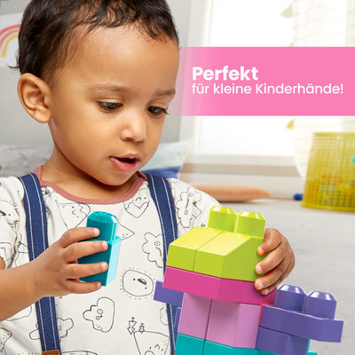MEGA BLOKS Großer Bausteinebeutel - 80 robuste Bausteine mit wiederverwendbarem Aufbewahrungsbeutel, kompatibel mit Allen Mega Bloks Bauspielzeugen, für Kinder ab 1 Jahr, DCH62