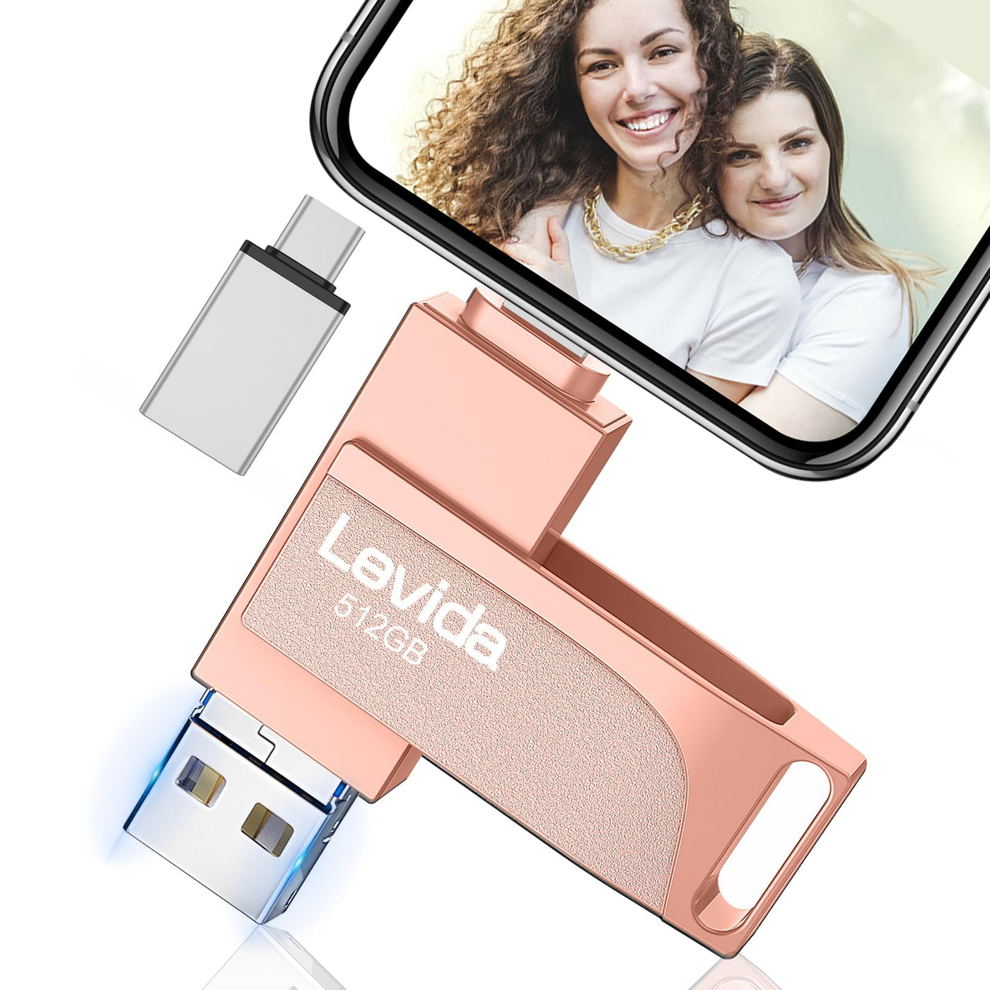 USB Stick 512GB für Phone,Levida Speicherstick,Photostick,Externer Speicher 4 in 1,Fotostick 3.0,Flash Drive für Handy,iOS,Android,Pad,Laptop,Pc(Mobile Memory,Automatic Photo Backup),Hellrosa