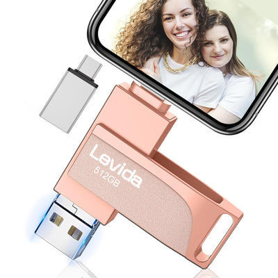 USB Stick 512GB für Phone,Levida Speicherstick,Photostick,Externer Speicher 4 in 1,Fotostick 3.0,Flash Drive für Handy,iOS,Android,Pad,Laptop,Pc(Mobile Memory,Automatic Photo Backup),Hellrosa