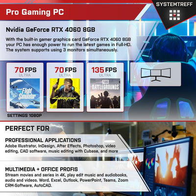SYSTEMTREFF Gaming PC AMD Ryzen 7 5800X 8x4.7GHz | Nvidia GeForce RTX 4060 8GB DX12 | 1TB M.2 NVMe | 32GB DDR4 RAM | WLAN Desktop Computer Rechner für Gamer, Zocker & Streamer