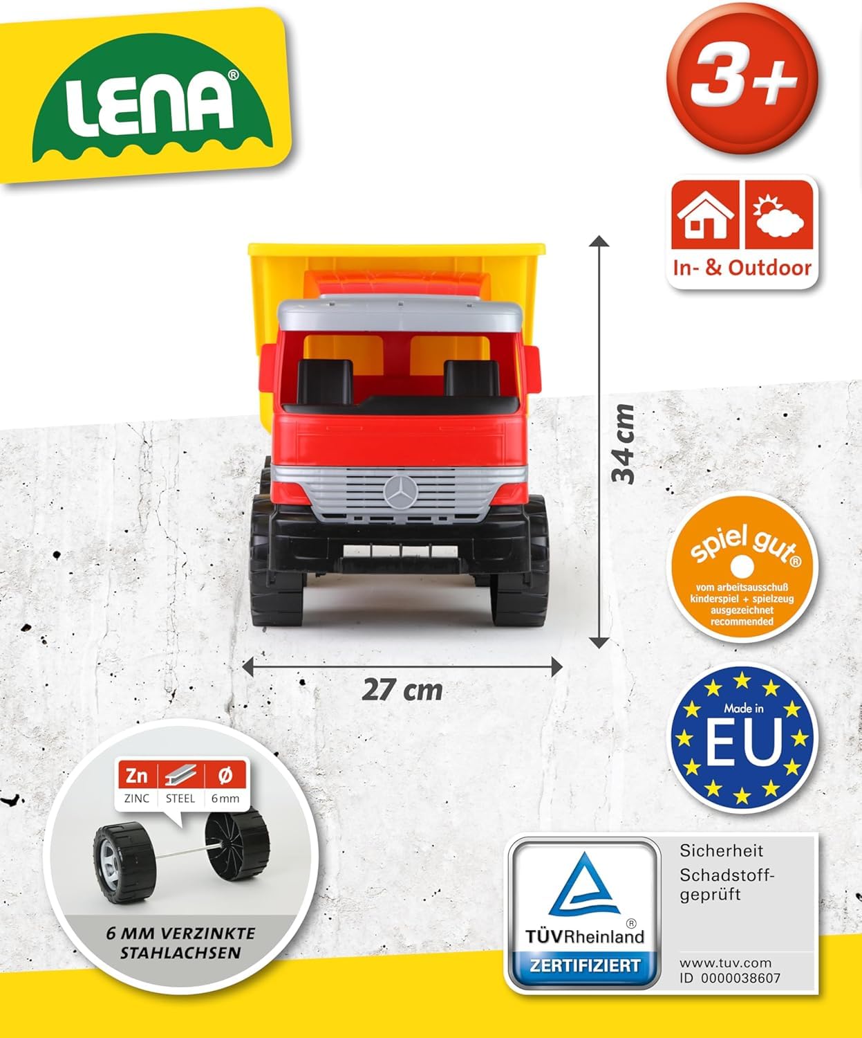 Lena 02031 - Riesen Muldenkipper Mercedes Benz Actros, Kipplaster ca. 63 cm, großer Kipper mit 3 Achsen & verriegelbarer Kippmulde, Baustellen Spielfahrzeug für Kinder ab 3 Jahre, Rot, Gelb, Schwarz
