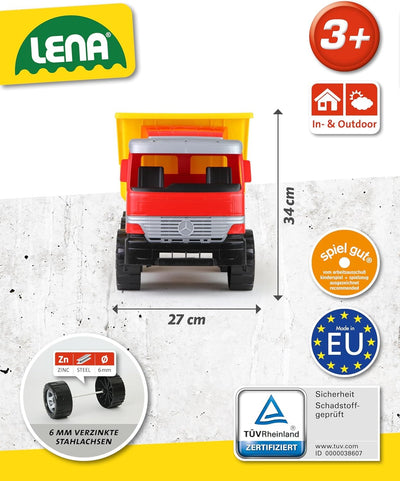 Lena 02031 - Riesen Muldenkipper Mercedes Benz Actros, Kipplaster ca. 63 cm, großer Kipper mit 3 Achsen & verriegelbarer Kippmulde, Baustellen Spielfahrzeug für Kinder ab 3 Jahre, Rot, Gelb, Schwarz