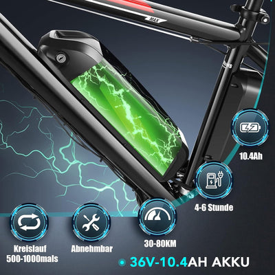 ANCHEER 26 Zoll E-Bike/Mountainbike Herren, Elektrofahrrad/Pedelec mit 36V 10.4Ah Akku | Bis 100KM Reichweite & 21 Gang und 250W Hinterradmotor für 25 km/h