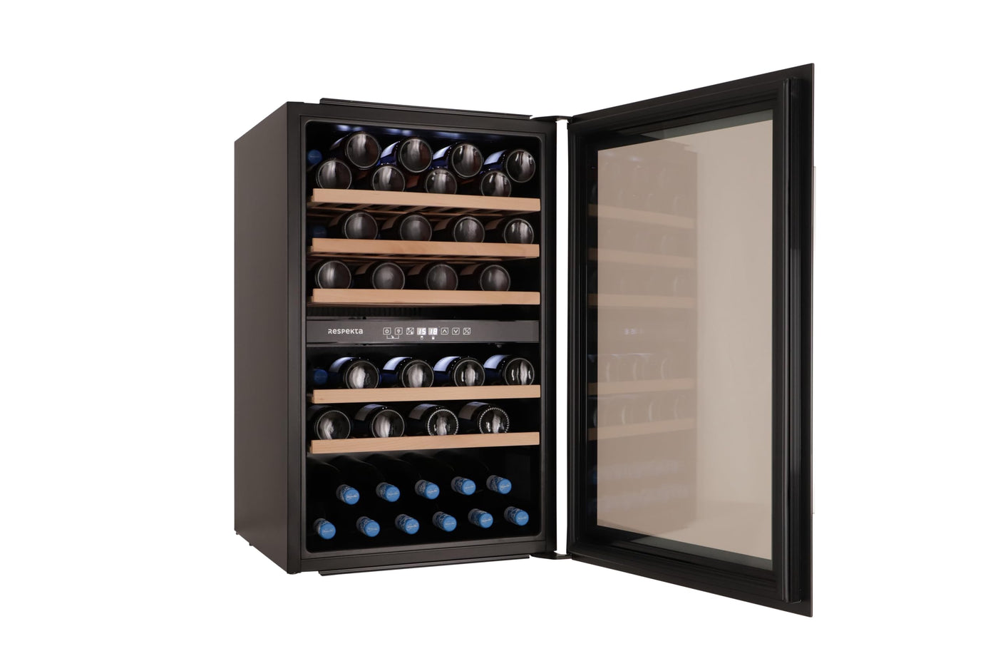 Respekta Einbau-Weinkühlschrank für 57 Standardflaschen / 143 L Nutzinhalt / 2 Temperaturzonen, je 5°-22°C/Touch Control/LED Leuchte/Wechselbarer Türanschlag/Max. 38 dB/WKSE 57-19