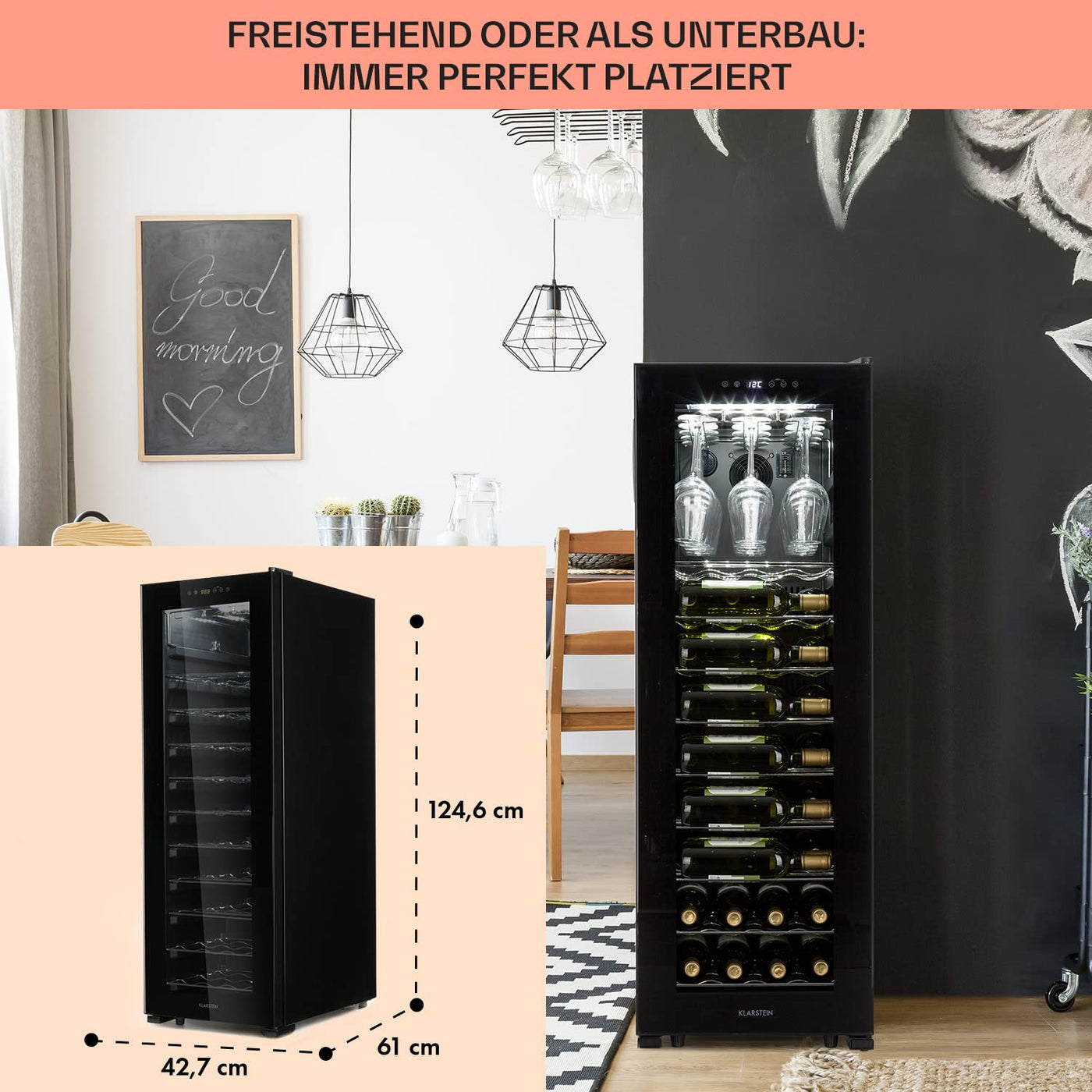 Klarstein Weinkühlschrank, Getränkekühlschrank Schmal, 1 Zone Kühlschrank mit Glastür, Getränkekühlschränke Freistehend, Weinkühlschrank Klein, Weinkühlschränke mit UV-Schutz, 5-20 °C, 56 Flaschen