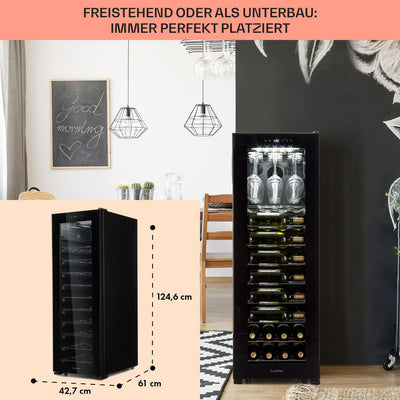 Klarstein Weinkühlschrank, Getränkekühlschrank Schmal, 1 Zone Kühlschrank mit Glastür, Getränkekühlschränke Freistehend, Weinkühlschrank Klein, Weinkühlschränke mit UV-Schutz, 5-20 °C, 56 Flaschen