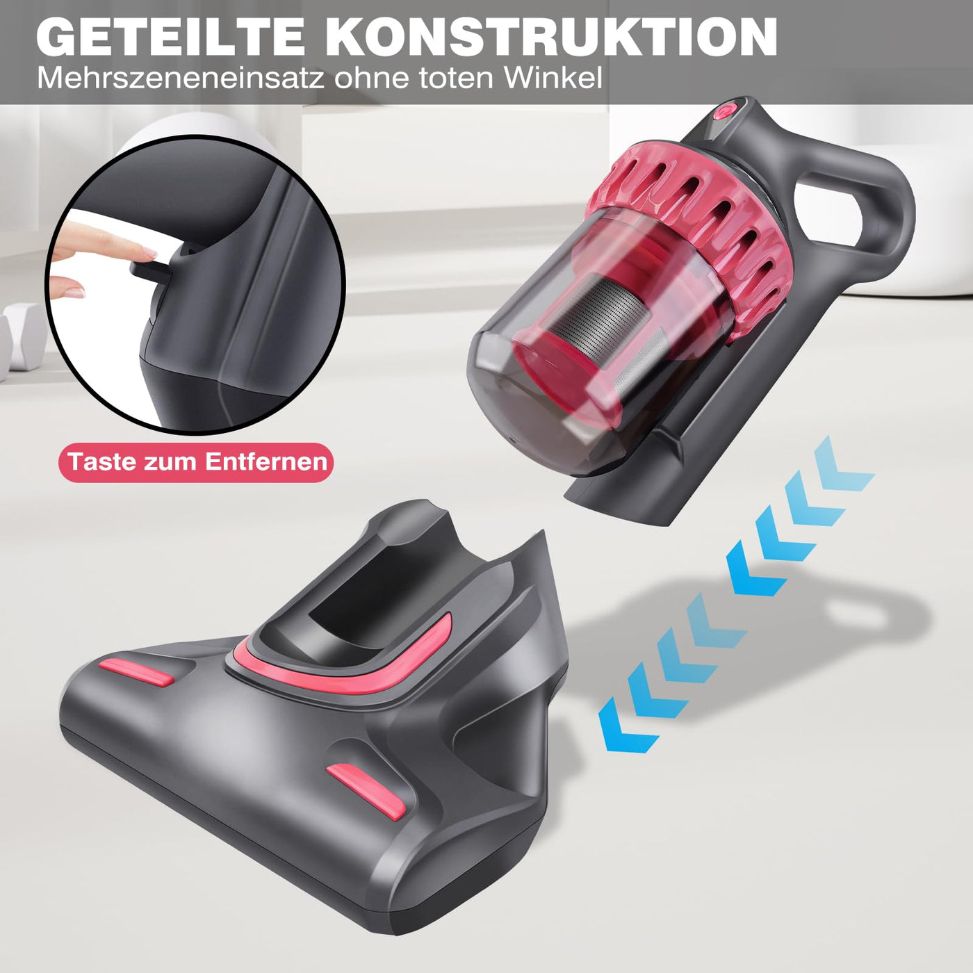 Milbensauger 10KPA Matratzen Reiniger Mit UV-Licht, 2 In 1 Hausstaubmilben Bekämpfen Ultraschalltechnologie Mit UV-Licht, Hepa Filter, 8000 Vibrationen/Min, Für Matratzen, Sofa