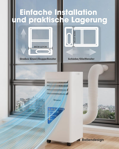 Lovewind Mobiles Klimagerät 9000 BTU (Eco R290), Leise 52 dB, Tragbare Klimaanlage mit Fernbedienung, 4-in-1 Kühlung, Entfeuchtung, Belüftung und Schlafen, IPX1 für Innenräume Büro