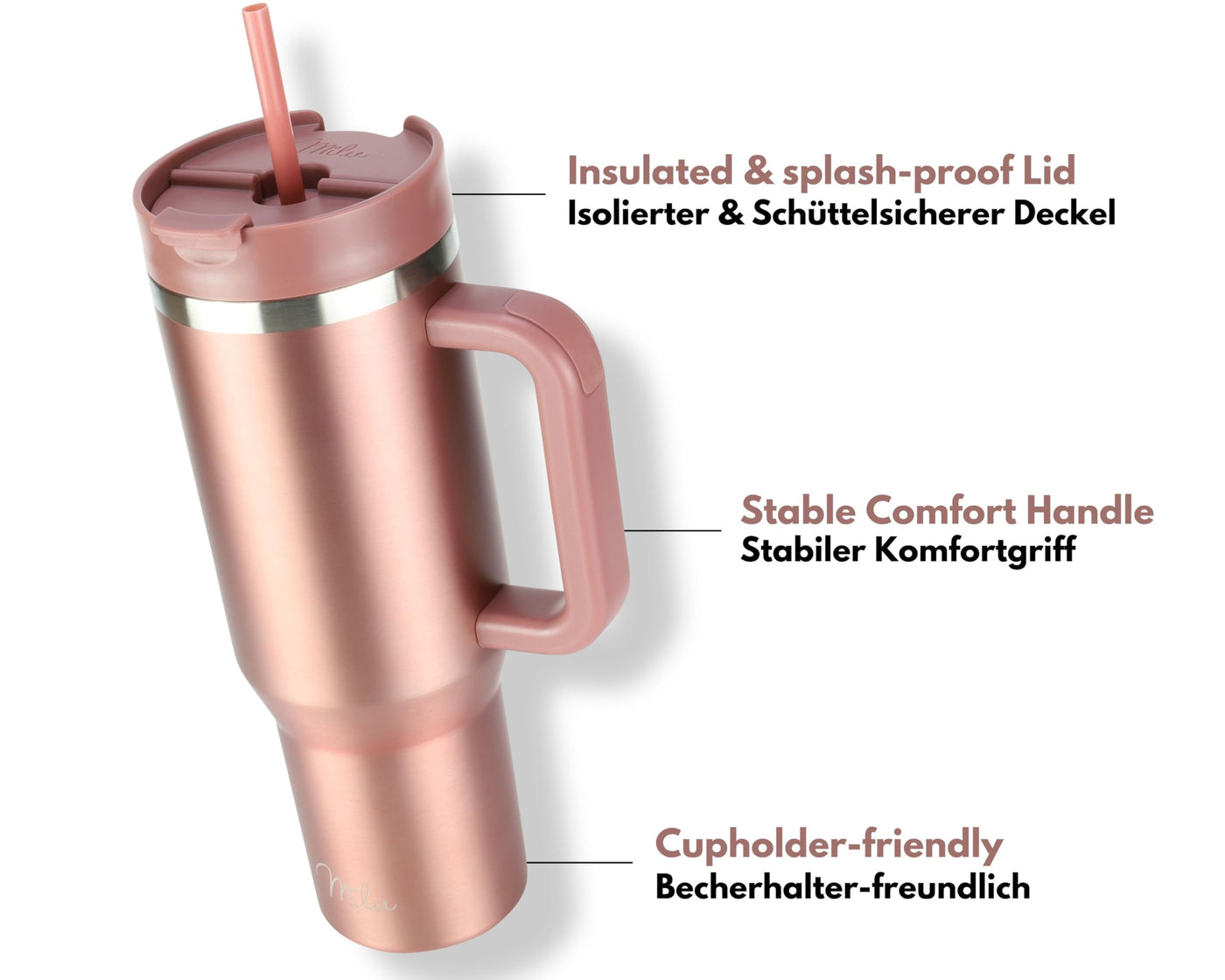 Milu Thermobecher 1,2L mit Strohhalm und Henkel – 48h Eis/24h kalt/12h heiß Edelstahl Tumbler 40oz mit Griff - Isolierbecher to go - Isolierflasche Trinkflasche doppelwandig isoliert (Rose Gold, 1,2L)