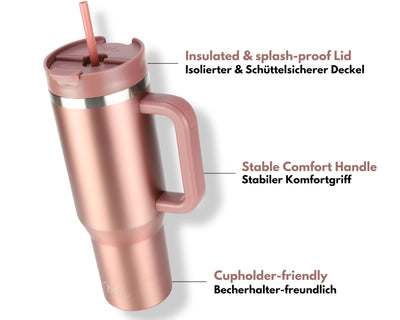 Milu Thermobecher 1,2L mit Strohhalm und Henkel – 48h Eis/24h kalt/12h heiß Edelstahl Tumbler 40oz mit Griff - Isolierbecher to go - Isolierflasche Trinkflasche doppelwandig isoliert (Rose Gold, 1,2L)