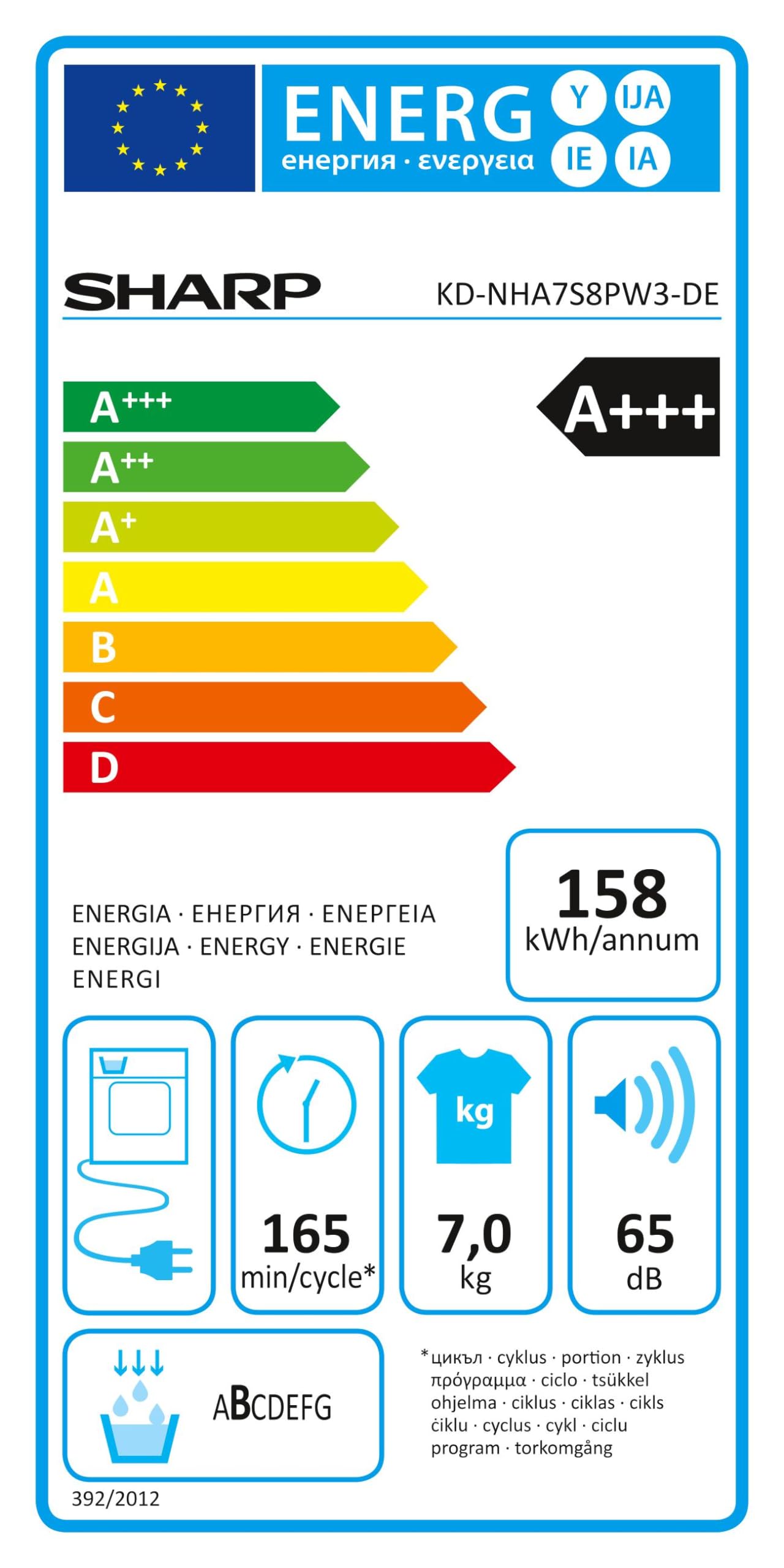 Sharp KD-NHA7S8PW3-DE Wärmepumpentrockner Frontlader, 7 kg, 15 Programme, 30 Min. Kurzprogramm, Schontrommel, LED-Innenbeleuchtung, Kindersicherung, Weiß