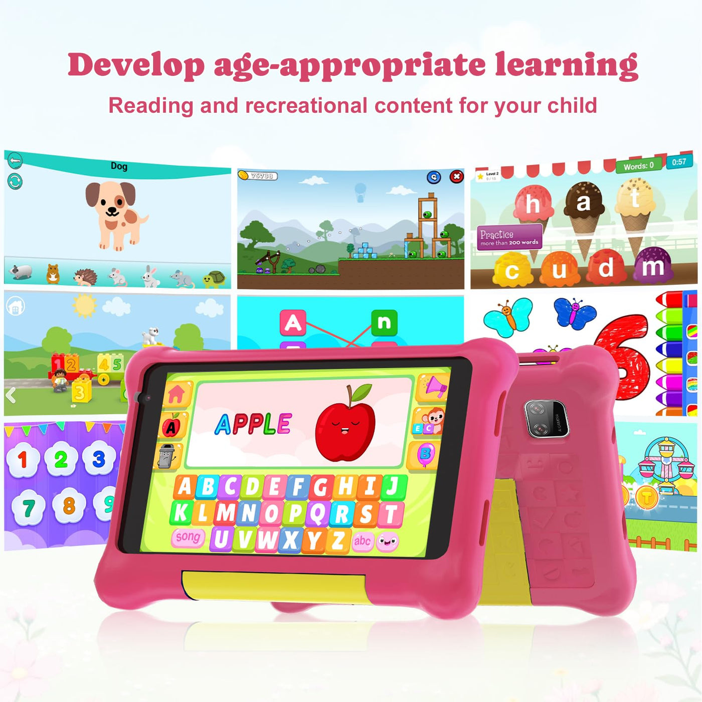 Laptok Kinder Tablet 7 Zoll, Android Tablet für Kinder, 5GB RAM+32GB ROM+128GB Erweiterbar, Wi-Fi, Bluetooth, Type-C, Kids Tablet mit Mit sturzsicherer Schutzhülle Rose