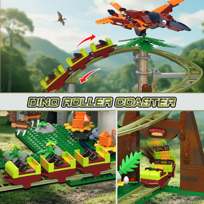 HOGOKIDS Dinosaurier Achterbahn Bausteine Spielzeug – 1222pcs Achterbahn Bauspielzeug mit 4 Dinosauriern, Geländewagen, Dinosauriermodellen, Geschenk für Erwachsene, Mädchen Jungen ab 8 Jahren