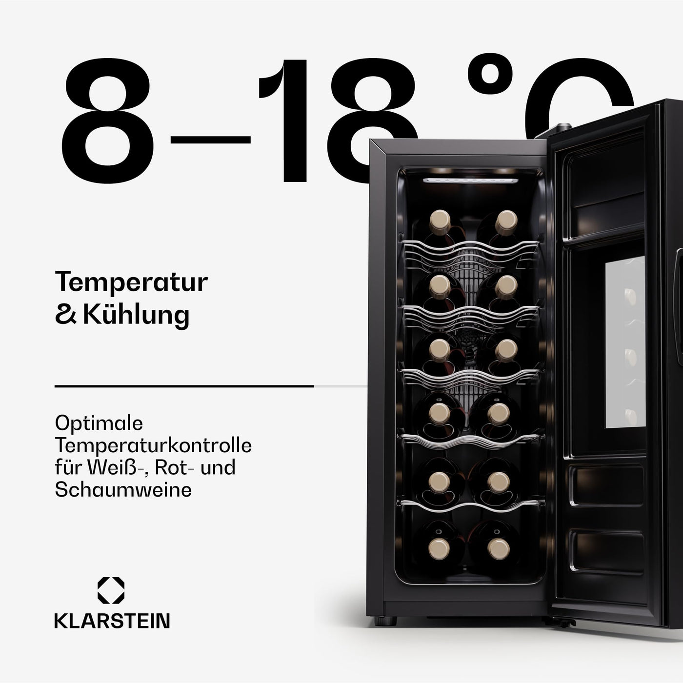 Klarstein Freistehender Weinkühlschrank 1 Zone, Getränkekühlschrank Klein, Kleiner Weinschrank, Wein-Kühlschrank Klein mit Glastür, Indoor/Outdoor Flaschenkühlschrank, Wine Fridge, 12 Flaschen