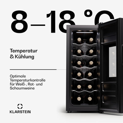 Klarstein Freistehender Weinkühlschrank 1 Zone, Getränkekühlschrank Klein, Kleiner Weinschrank, Wein-Kühlschrank Klein mit Glastür, Indoor/Outdoor Flaschenkühlschrank, Wine Fridge, 12 Flaschen