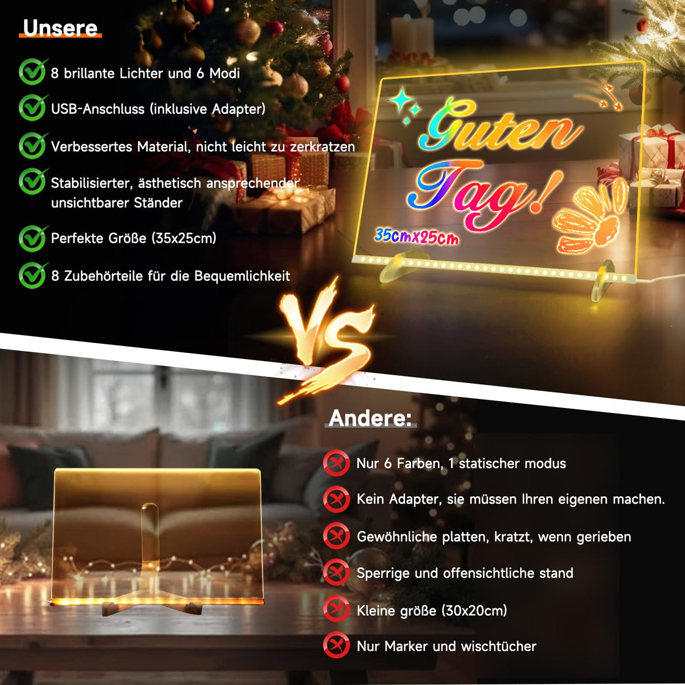 Led Zeichenbrett, Leuchtendes Led Zeichenbrett für Kinder mit 13 Farben & 6 Modi, 35x25cm Acryl Schreibtafel Kinder mit Adapter für Maltafel, Memo, Werbung, Nachtlicht, Wanddekoration