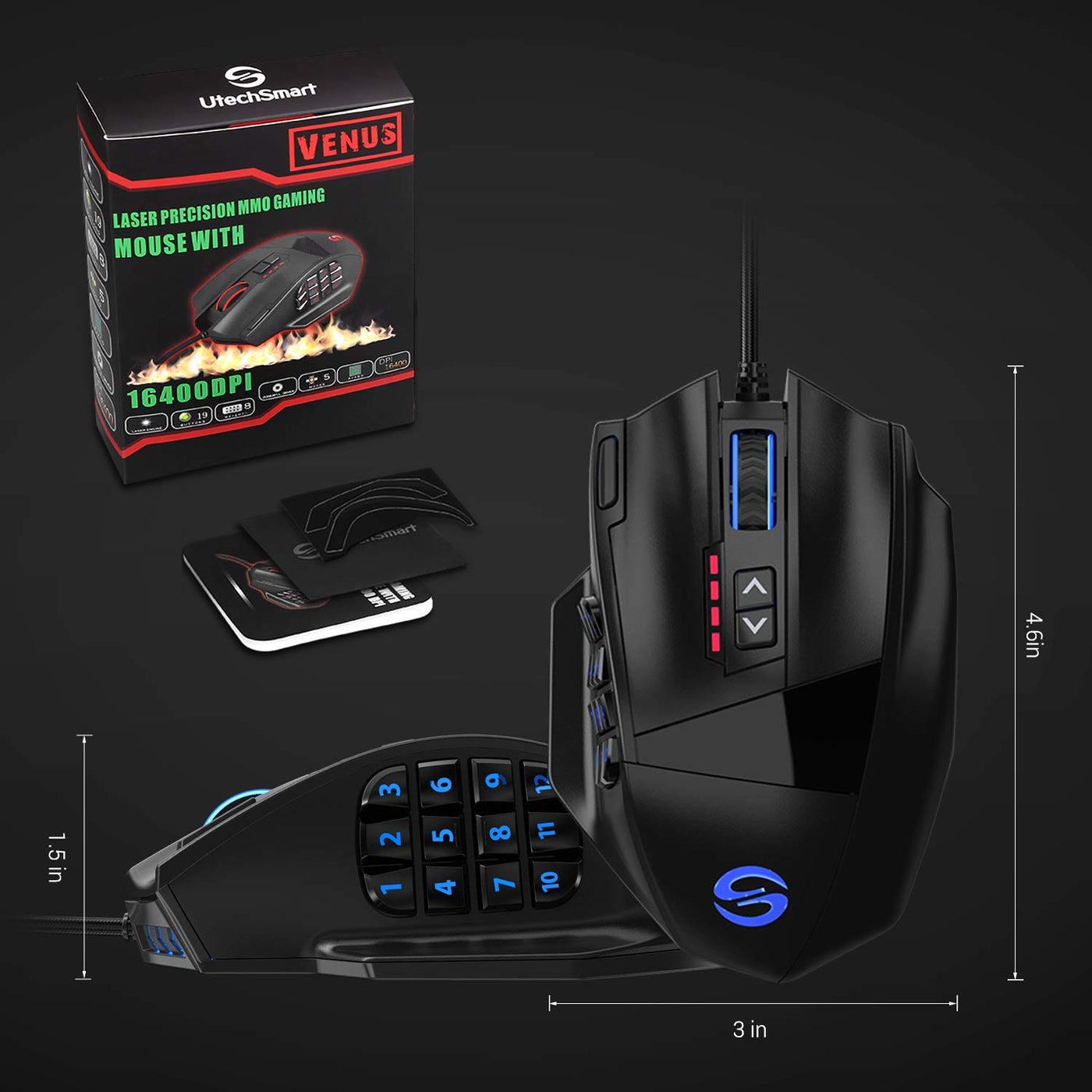 UtechSmart Venus -gaming maus 12 tasten mmo maus 16400 dpi USB Laser Gaming Mouse | 18 Tasten naga | 16400 dpi Abtastrate | High Precision | konfigurierbare LED-Farb-Beleuchtung | MMO Gaming