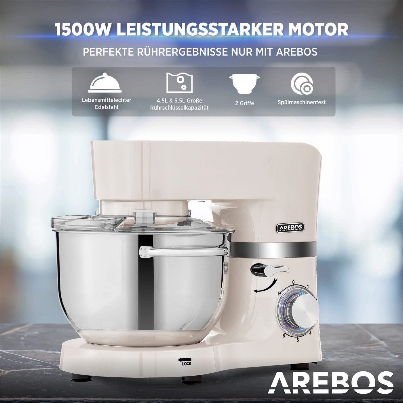 Arebos Küchenmaschine 1500W Türkis | Knetmaschine mit 2x Edelstahl-Rührschüsseln 4,5 & 5,5L | Geräuscharm | Küchenmixer mit Rührhaken, Knethaken, Schlagbesen und Spritzschutz | 6 Geschwindigkeiten