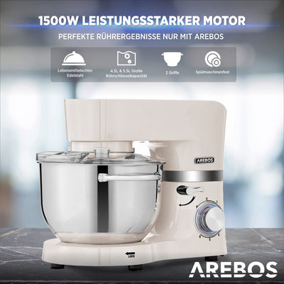 Arebos Küchenmaschine 1500W Türkis | Knetmaschine mit 2x Edelstahl-Rührschüsseln 4,5 & 5,5L | Geräuscharm | Küchenmixer mit Rührhaken, Knethaken, Schlagbesen und Spritzschutz | 6 Geschwindigkeiten