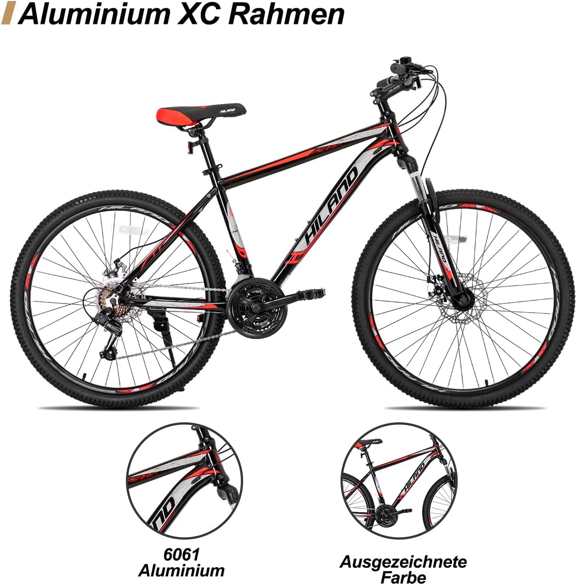 Hiland 27,5 Zoll Mountainbike 21-Gang MTB Aluminiumrahmen Scheibenbremse Speichenräder Jugendliche Fahrad Herr Damen Einteiliges Fahrradrad Schwarz&Rot