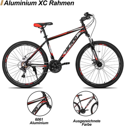 Hiland 27,5 Zoll Mountainbike 21-Gang MTB Aluminiumrahmen Scheibenbremse Speichenräder Jugendliche Fahrad Herr Damen Einteiliges Fahrradrad Schwarz&Rot