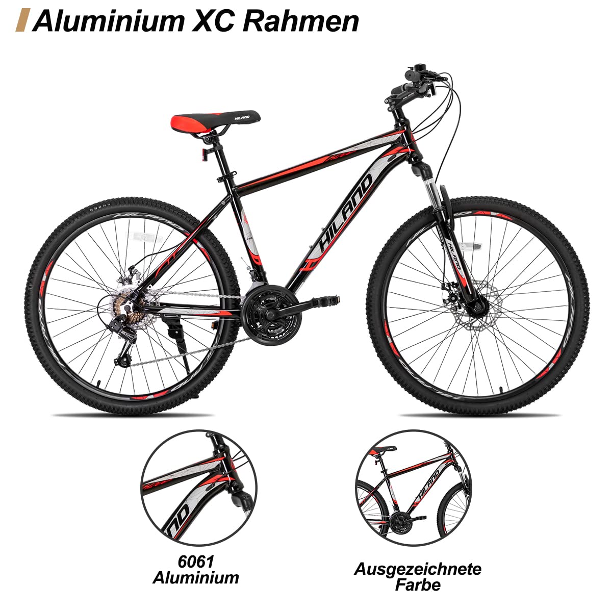 Hiland 27,5 Zoll Mountainbike 21-Gang MTB Aluminiumrahmen Scheibenbremse Speichenräder Jugendliche Fahrad Herr Damen Einteiliges Fahrradrad Schwarz&Rot
