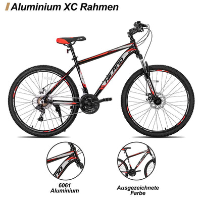 Hiland 27,5 Zoll Mountainbike 21-Gang MTB Aluminiumrahmen Scheibenbremse Speichenräder Jugendliche Fahrad Herr Damen Einteiliges Fahrradrad Schwarz&Rot
