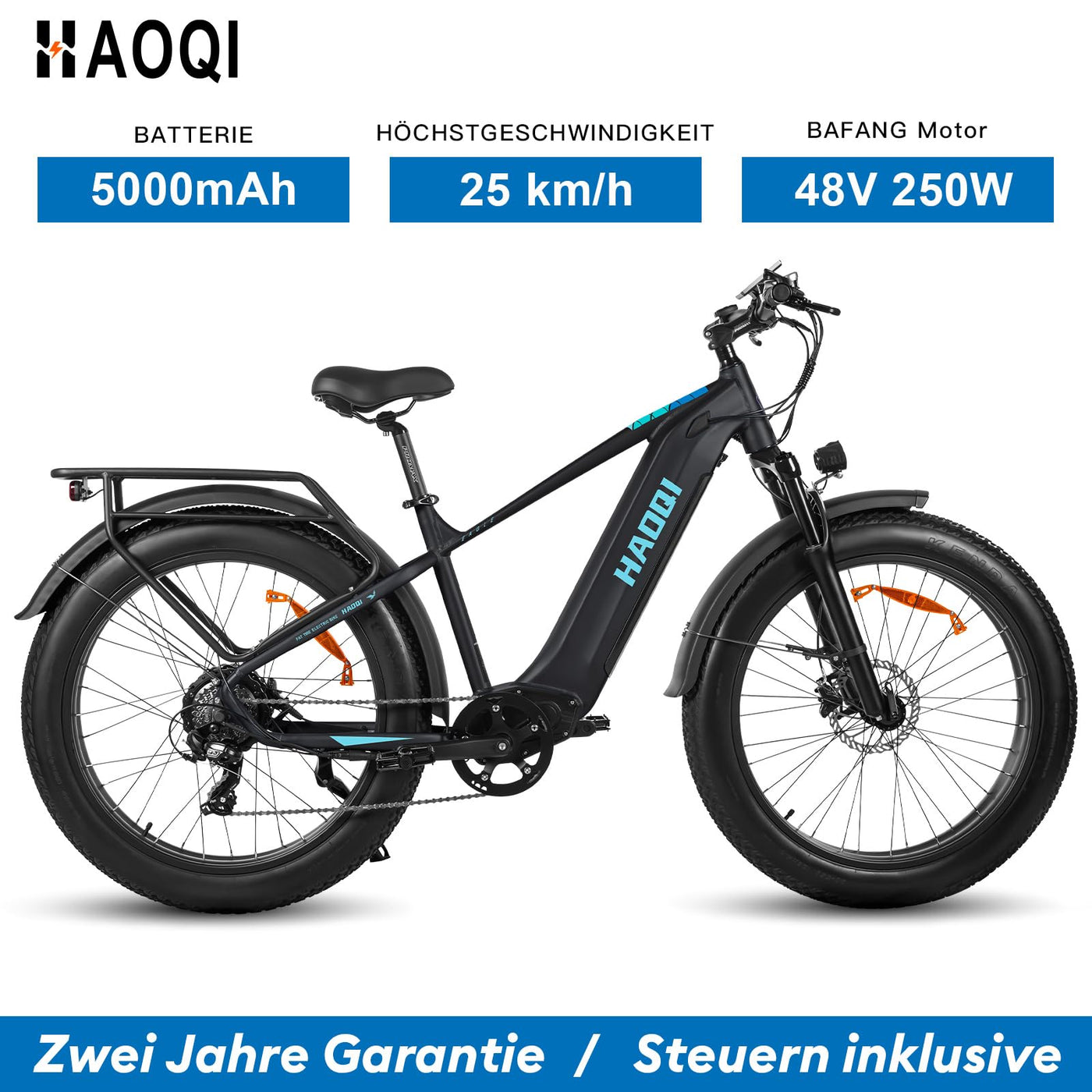 HAOQI Eagle Elektrofahrrad für Erwachsene, 250W bürstenloser Motor Mountainbike mit 48V 20AH herausnehmbarem Akku,26" x 4.0 Fat Tire Ebike, Elektrofahrrad mit 7 Gängen bis zu 25 km/h