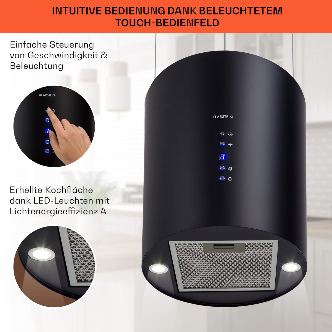 Klarstein Inselhaube, Dunstabzugshaube Umluft, Leise Abzugshaube für Kochinsel, Aktivkohlefilter, Inselhauben Freihängend Kronleuchter-Design, 3 Stufen Dunstabzugshaube mit Filter, 558m³/h Luftstrom