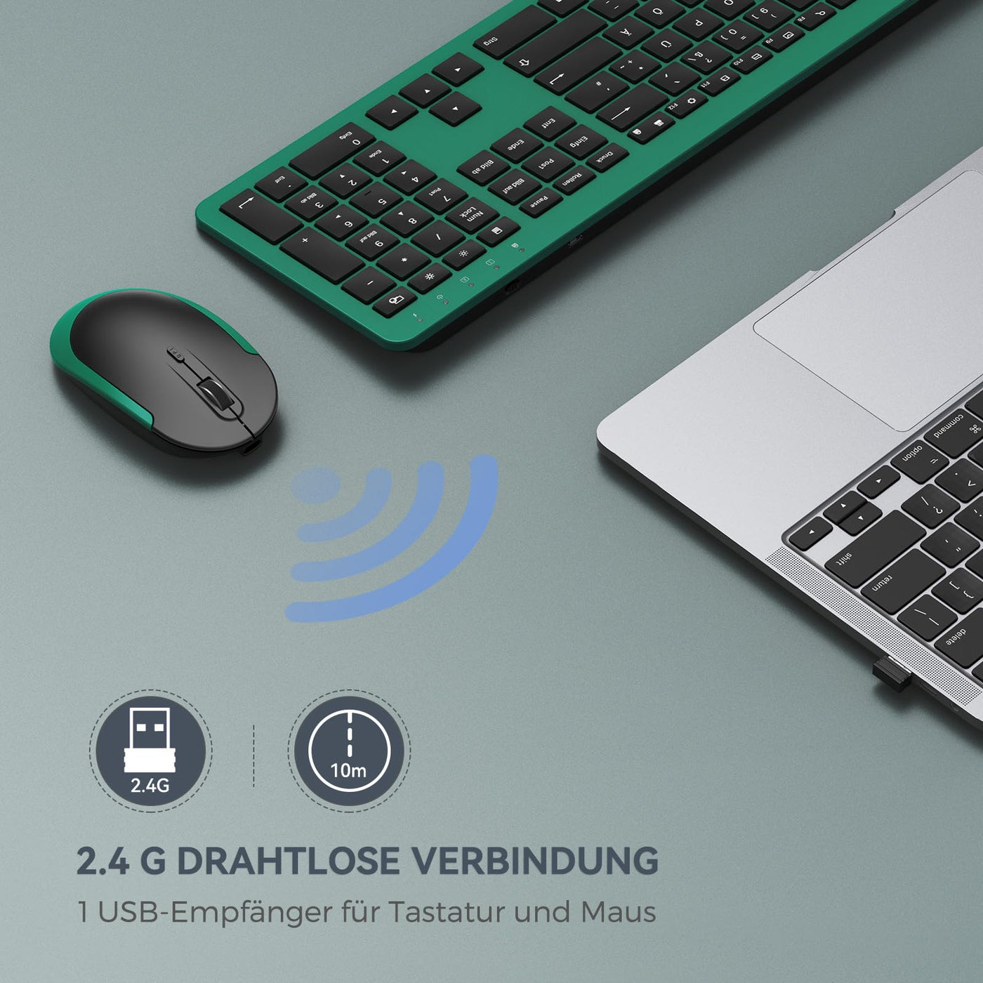 Tastatur Maus Set Kabellos, seenda Ultra-Dünne Wiederaufladbare Funk Tastatur Maus Set, Ergonomische Tastatur Kabellos mit Silikon Staubschutz für PC/Laptop/Smart TV, DE QWERTZ Layout, Schwarz&Grün