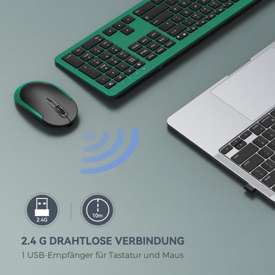 Tastatur Maus Set Kabellos, seenda Ultra-Dünne Wiederaufladbare Funk Tastatur Maus Set, Ergonomische Tastatur Kabellos mit Silikon Staubschutz für PC/Laptop/Smart TV, DE QWERTZ Layout, Schwarz&Grün