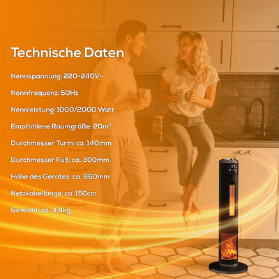 Tronitechnik® Heizlüfter Turmheizstrahler 1000 / 2000W Heizstrahler Standheizstrahler mit Fernbedienung Timer Kamineffekt Heizung Turm-Keramik-Heizer Heizlüfter Heizgerät Kamin Oszillationsfunktion