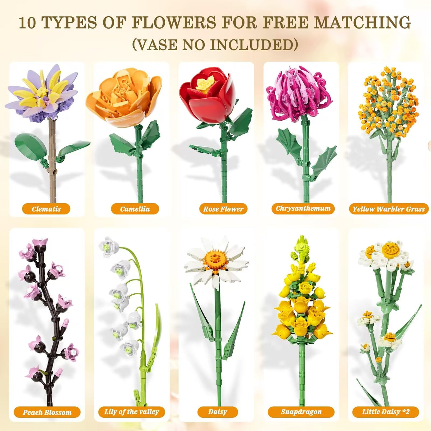 Blumen Bausteine Set für Erwachsene, 1070 Stück Blumenstrauß, künstliche Blume Bauklötze Bausatz Spielzeug für Frauen Mädchen, Home Deko Geschenk für Geburtstag, Muttertag, Weihnachten (keine Vase)